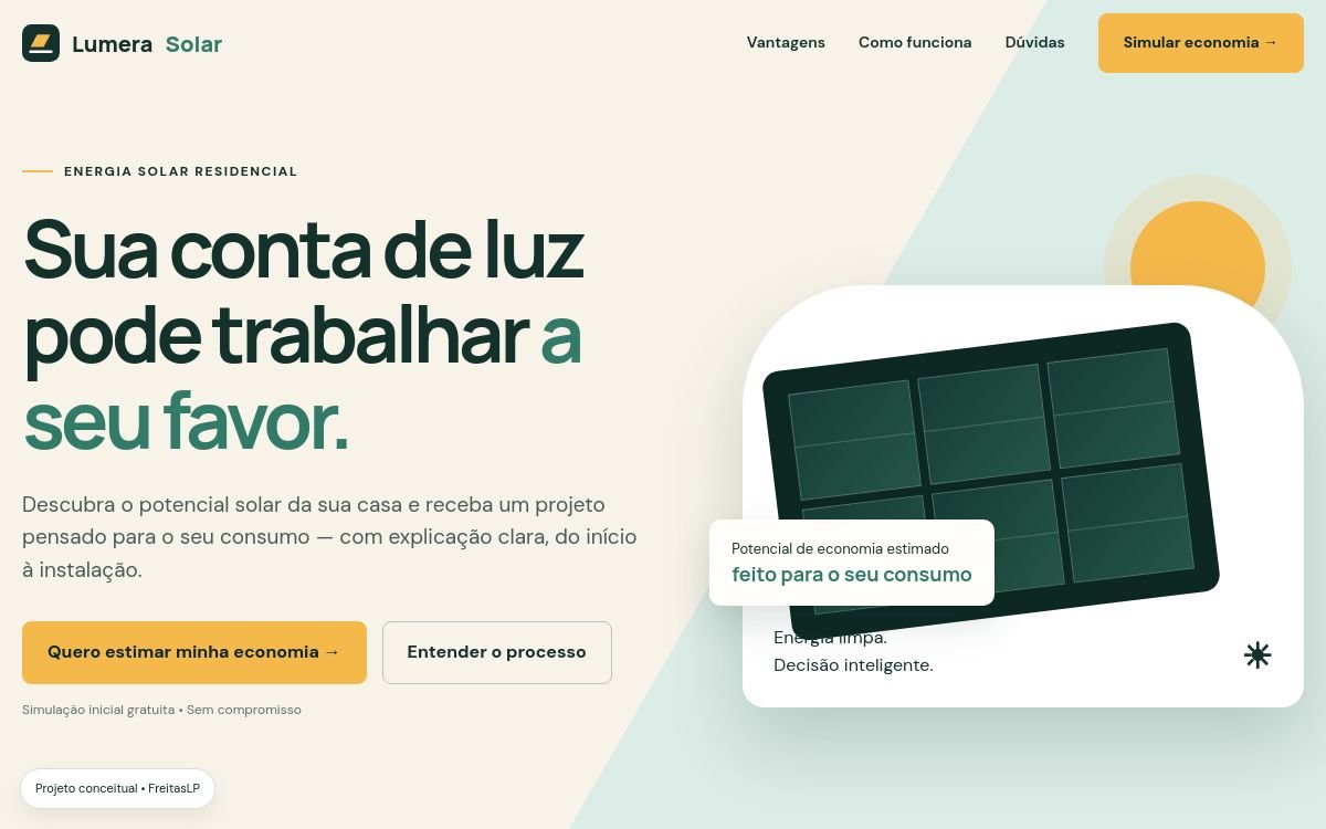 Hero real do site conceitual Lumera Solar em versão desktop