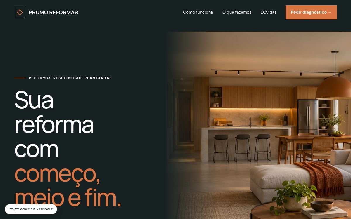 Hero real do site conceitual Prumo Reformas em versão desktop